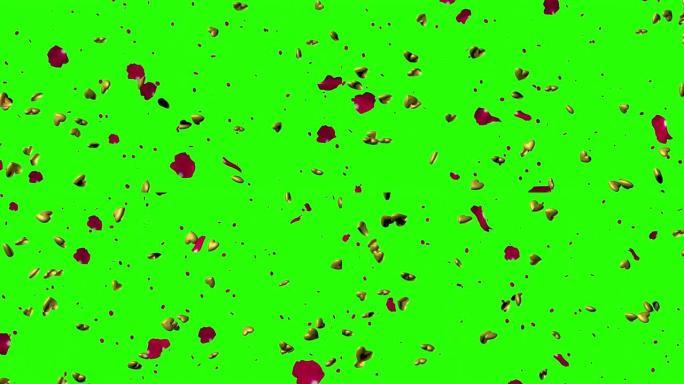 心和玫瑰花瓣在绿色背景上飞落。情人节动画。键空白