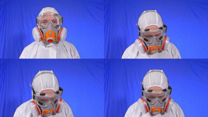 男子特写肖像，戴着防护医用气溶胶喷漆面罩呼吸器。概念健康安全N1H1病毒冠状病毒流行病2019 nC
