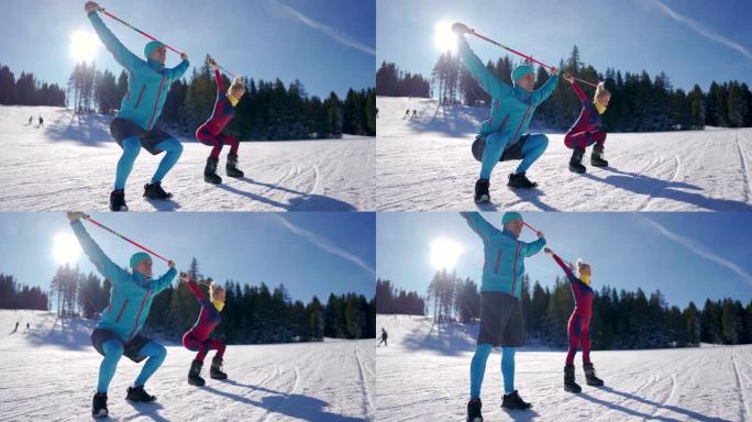 年轻女子和她的滑雪教练在滑雪场锻炼
