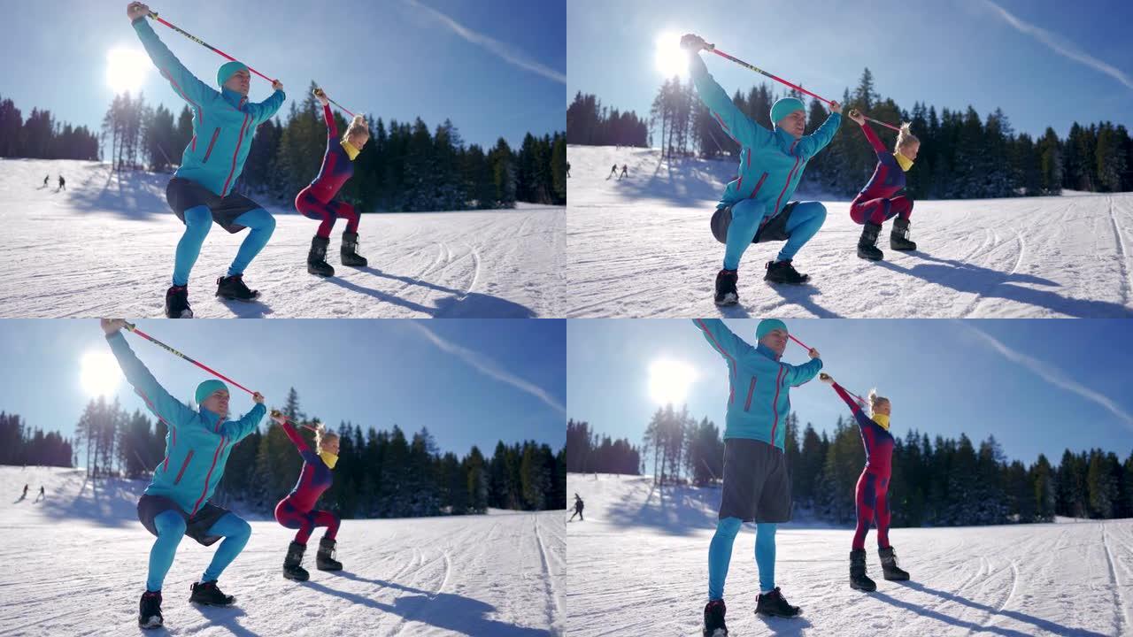 年轻女子和她的滑雪教练在滑雪场锻炼
