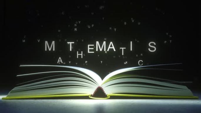 字母从打开的书页上飞出，形成数学文本。3D动画
