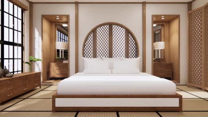 日本卧室设计的圆形搁板墙设计，带榻榻米垫地板。3D渲染