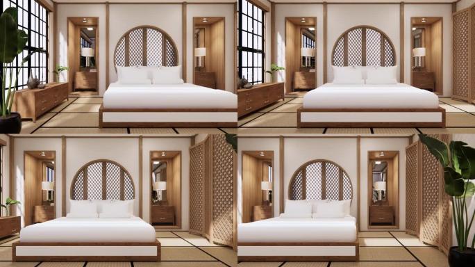 日本卧室设计的圆形搁板墙设计，带榻榻米垫地板。3D渲染