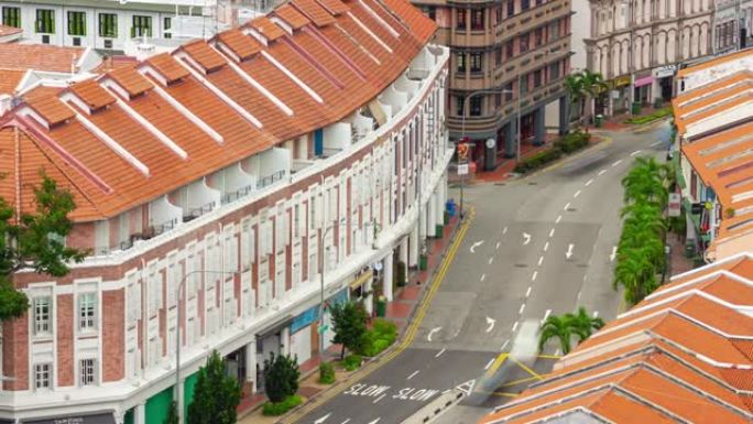 白天新加坡市中心中国城交通街屋顶延时全景4k