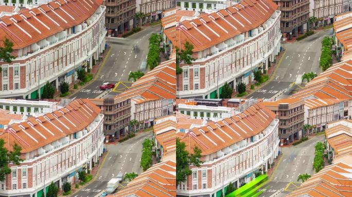 白天新加坡市中心中国城交通街屋顶延时全景4k