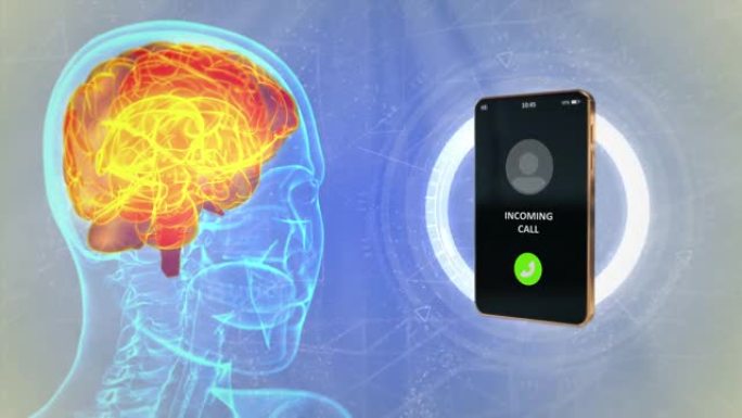 4K 60 fps 3D动画-全息人头移动与铃声来电，大脑伤害移动网络概念