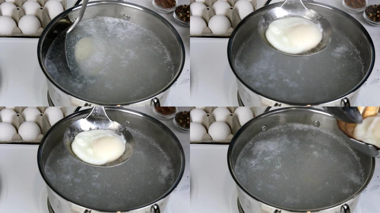 煮荷包蛋的食谱。煮鸡蛋从锅里的沸水中取出。