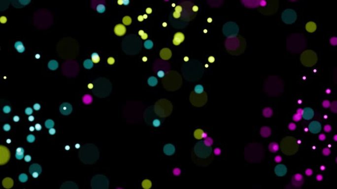 3d渲染: 蓝绿色，黄色，洋红色在空间中漂移的粒子的抽象视频。黑色背景，选择性聚焦，波克效应。