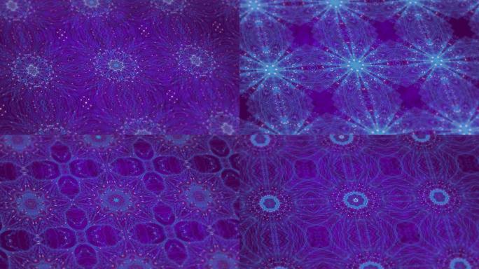蓝色万花筒形状在紫色背景下催眠运动的数字动画