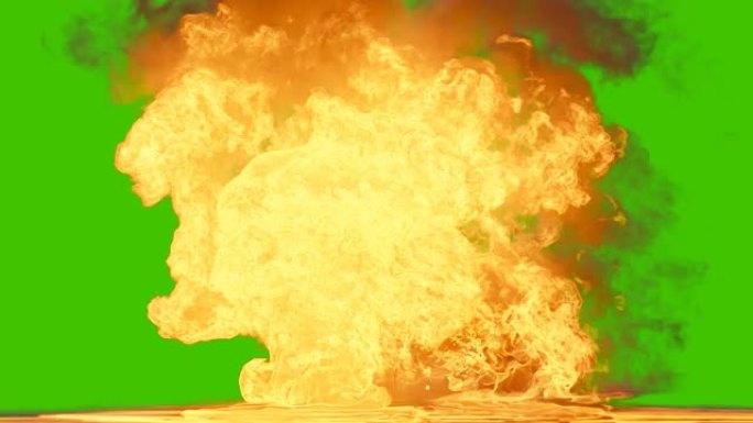 浓烟燃烧燃料的烈火。火灾爆炸与阿尔法的现实过渡。冒烟和燃料爆炸。绿屏前的VFX动画。