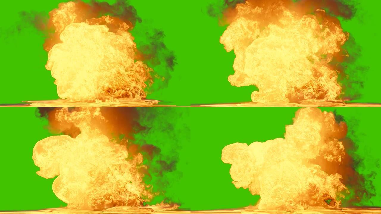 浓烟燃烧燃料的烈火。火灾爆炸与阿尔法的现实过渡。冒烟和燃料爆炸。绿屏前的VFX动画。