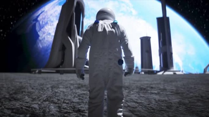 月球上的宇航员保持空闲。逼真的4k动画。