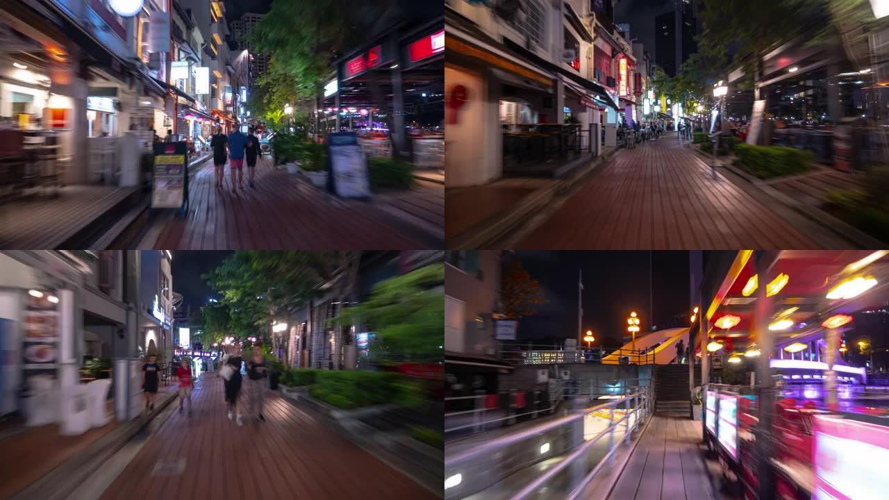 夜间照明新加坡市中心拥挤的餐厅街步行延时全景4k