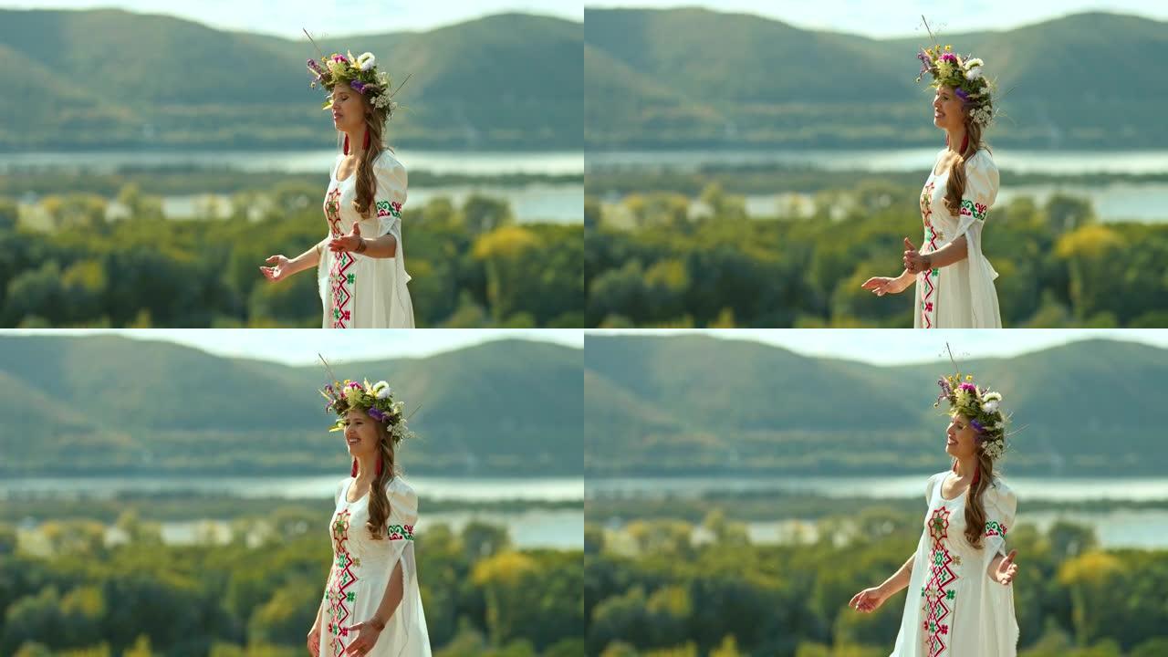 肖像，一位年轻的美女穿着民间服装，头上戴着花环，在大自然中唱歌。斯拉夫民族的传统和习俗。4k，普洛雷