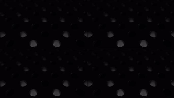 白色发光的球体从一个洞跳到另一个洞。带有孔和弹跳球的深色反射表面。3D循环动画抽象渲染。最小黑色运动