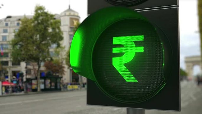卢比在绿色交通信号灯上签名。外汇相关概念3D动画