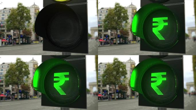 卢比在绿色交通信号灯上签名。外汇相关概念3D动画
