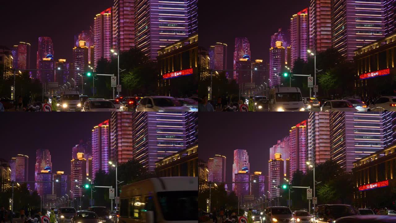 著名的夜间照明秀青岛市现代市中心交通街道全景4k中国