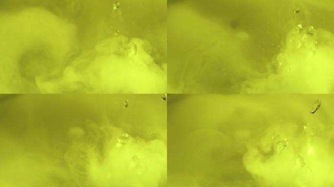 化学反应与沸腾的旋水飞溅，跳跃的水滴与大量释放的热量和气体蒸气黄绿色。泼水是一种物理现象