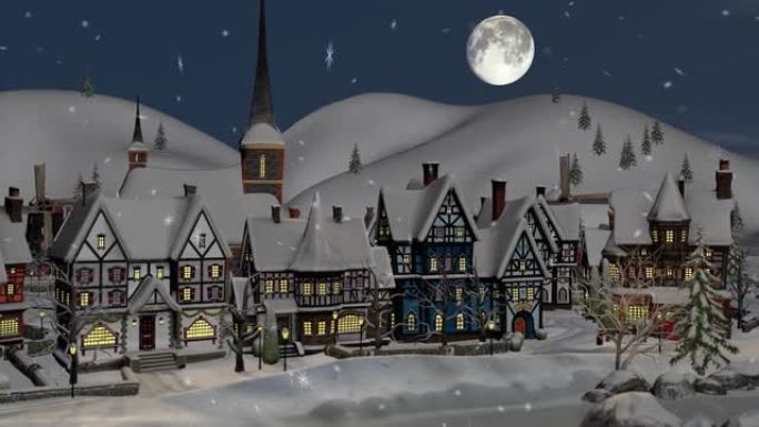 圣诞节冬夜的小镇或村庄的景色。圣诞节和新年概念。