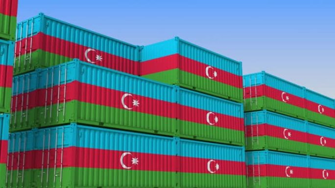 装满阿塞拜疆国旗集装箱的集装箱堆场。阿塞拜疆出口或进口相关可循环3D动画