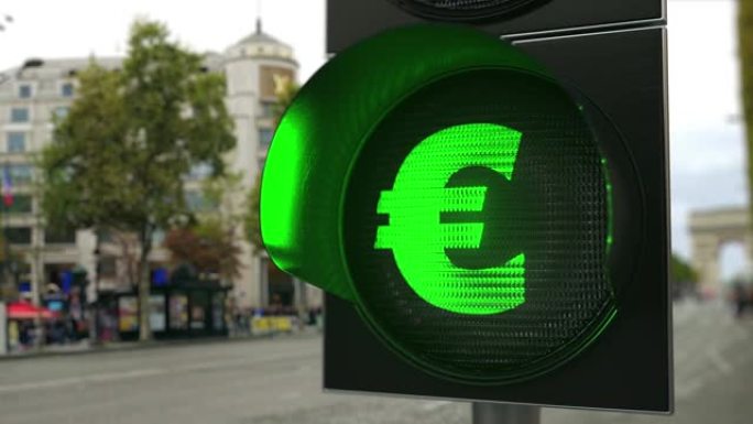 绿色交通灯信号上的欧元标志。外汇相关概念3D动画
