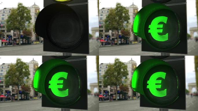 绿色交通灯信号上的欧元标志。外汇相关概念3D动画