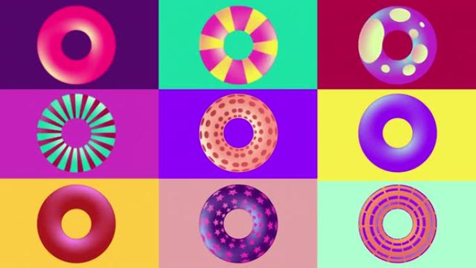 带有甜甜圈的动画流行艺术背景。循环。