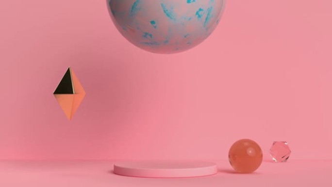 粉色场景墙地板几何形状球球3d渲染运动