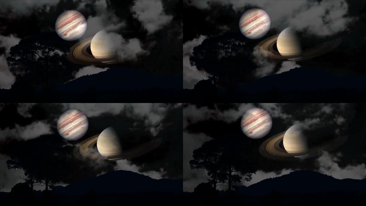 土星和木星在夜空上仰起剪影山，冬至和罕见现象