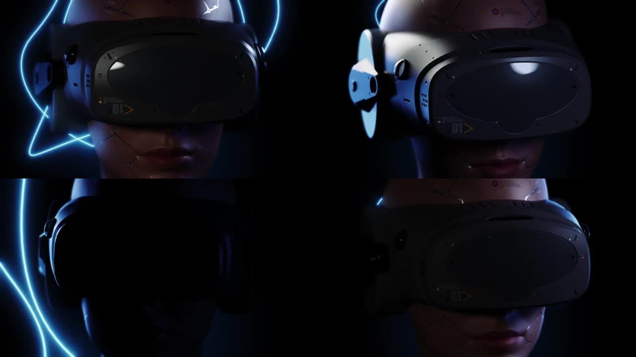 VR头盔前视图中的女孩肖像