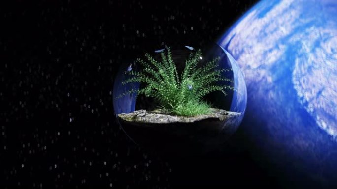 外层空间玻璃球中的草。生态学概念。3d渲染。