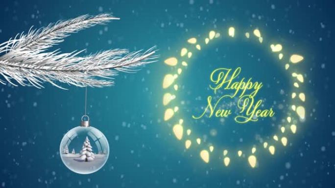 圣诞树上悬挂的带有童话灯框的新年快乐动画