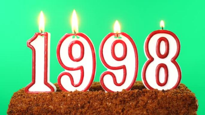 蛋糕与数字1998点燃的蜡烛。上个世纪的日期。色度键。绿屏。隔离