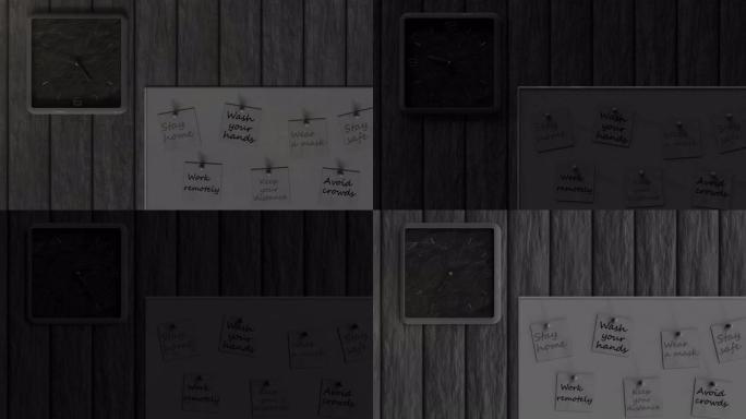 日夜变化的3d循环动画。墙上有笔记的时钟和信息板。检疫过程中的时间移动概念。关于防止冠状病毒的重要信