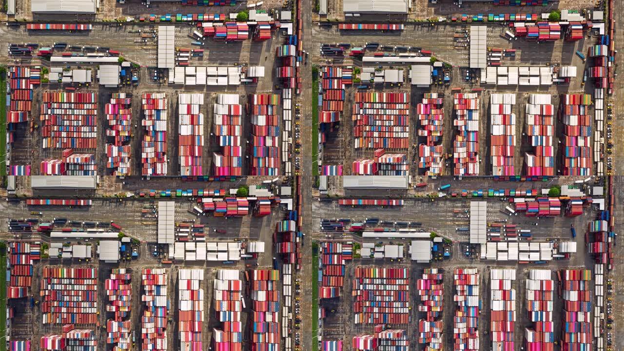 4k延时: 码头商业港口的空中俯视集装箱货物仓库，用于商业物流，进出口或运输。