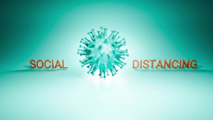 3d渲染: 社交距离概念的动画-电晕病毒旋转，社交和距离出现在左右，使它们之间保持距离。
