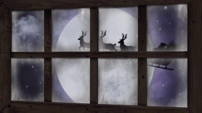 驯鹿拉雪橇中的圣诞老人剪影动画和冬季圣诞节场景