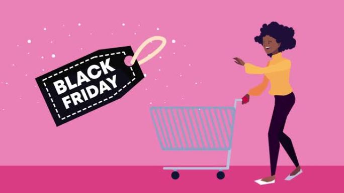 黑色星期五销售文字动画与非洲妇女和购物车