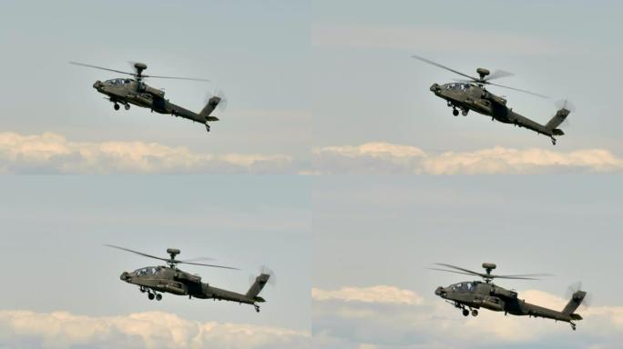直升机在螺旋桨转身的情况下在空军基地上飞行