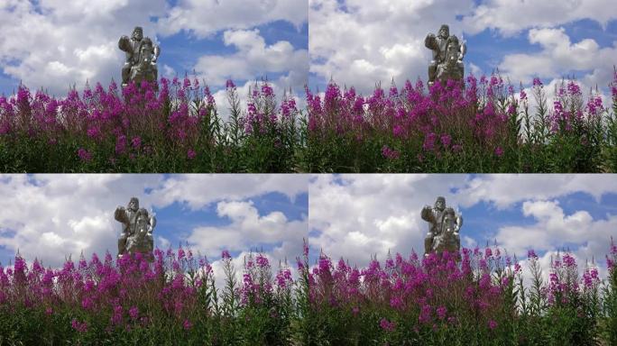 成吉思汗的雕像和鲜花