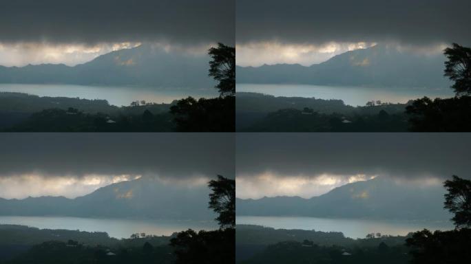 巴厘岛著名的火山湖山顶多雨云全景4k印度尼西亚