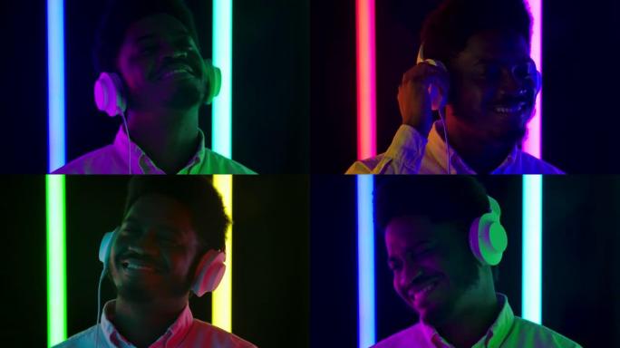 一位年轻时尚的非洲裔美国男性戴着白色大耳机微笑着享受音乐的肖像。特写。慢动作