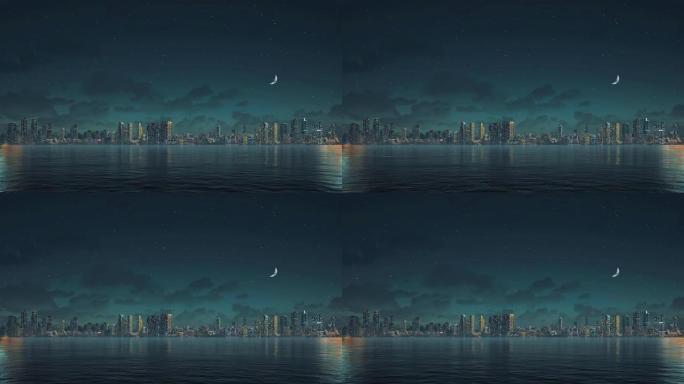 抽象城市摩天大楼下暗夜天空与半月半月