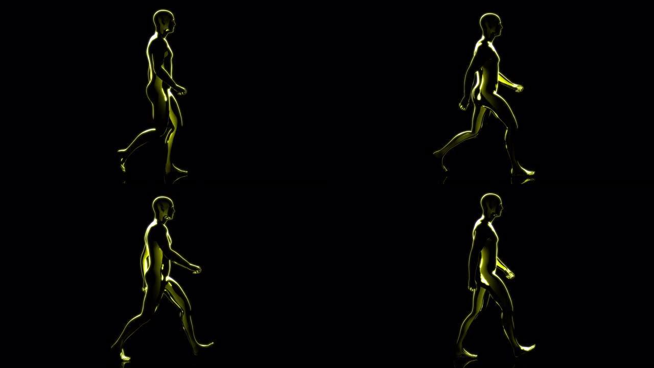 黑色背景上3D抽象数字黄金行走人的侧视图