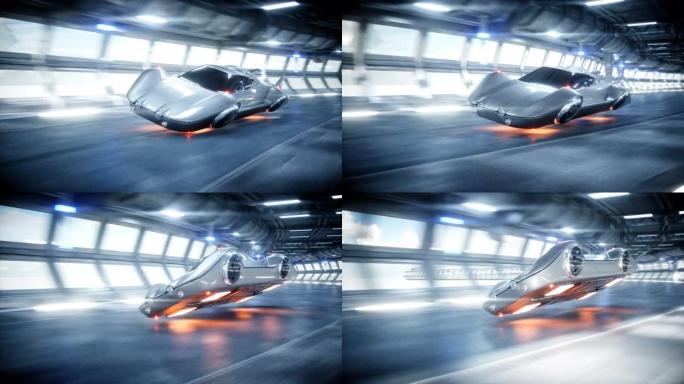 未来飞行汽车在科里多的科幻隧道快速行驶。未来的概念。逼真的4k动画。