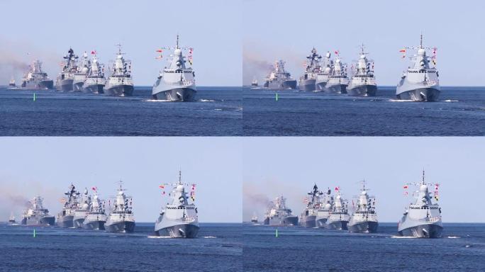前方一排现代化的俄军海军战舰与潜艇在一起，北方舰队和波罗的海舰队，夏日阳光明媚，形象生动