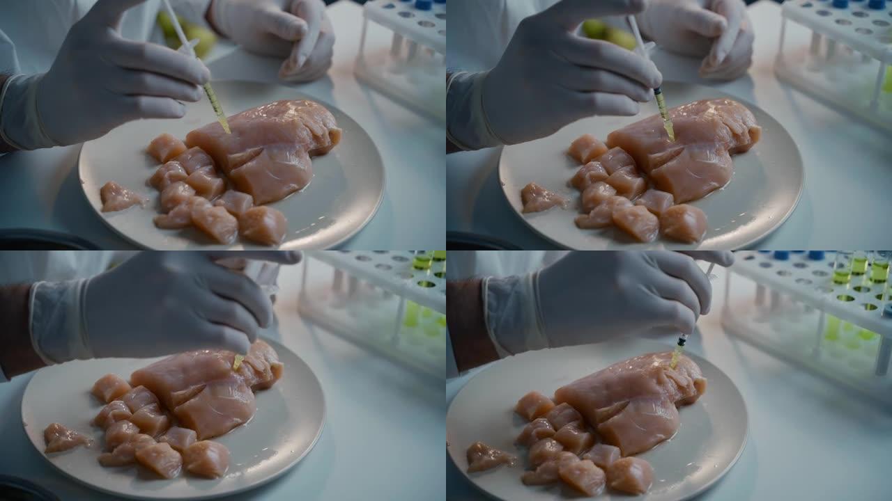 转基因肉。转基因食品概念。基因注射。食品科学家注射生肉。实验室助理测试转基因鸡。食品质量控制。种植养