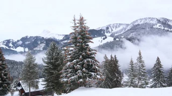 雪山有木屋的梦幻冬季景观。雪落在白雪覆盖的树上。