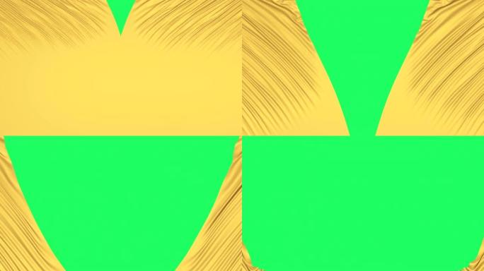 黄色织物材料在绿色背景上向不同方向移动。首映式或演示文稿的标志动画。